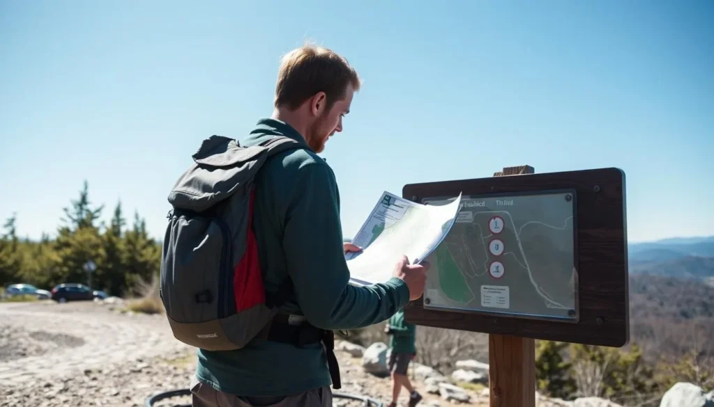 Hiker checking trail map at Mount Monadnock trailhead sign on a clear day Hiker checking trail map at Mount Monadnock trailhead sign on a clear day