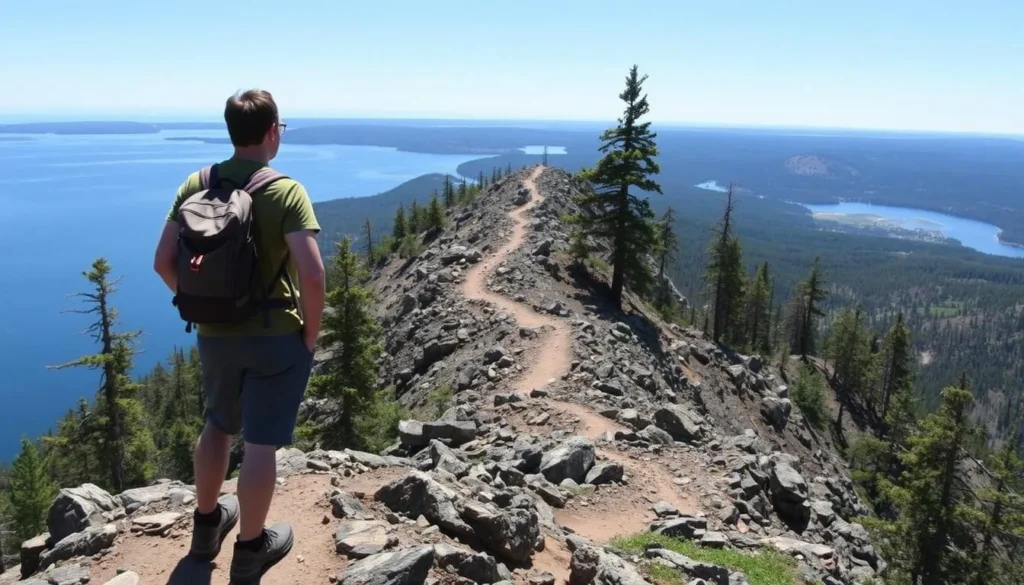 Hiker on Greenstone Ridge Trail at Isle Royale National Park with panoramic views of Lake Superior Hiker on Greenstone Ridge Trail at Isle Royale National Park with panoramic views of Lake Superior