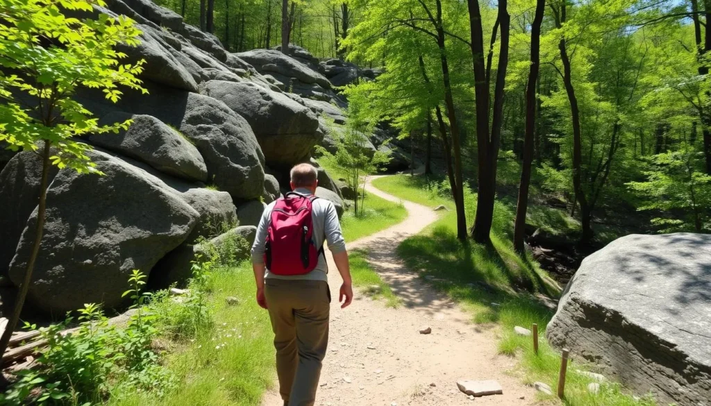 Hiker on Minister Creek Trail in Allegheny National Forest, Pennsylvania Hiker on Minister Creek Trail in Allegheny National Forest, Pennsylvania