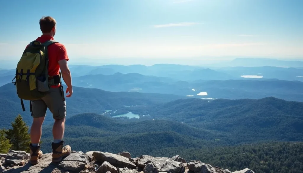 Hiker on a mountain trail overlooking Hamilton County New York things to do Hiker on a mountain trail overlooking Hamilton County New York things to do