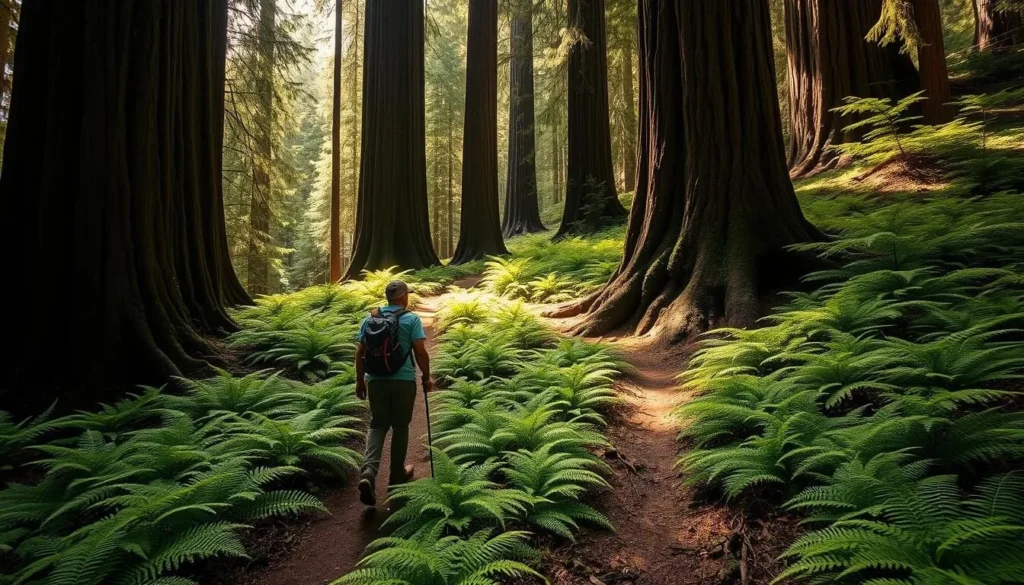 Hiker on a trail through fern-covered forest floor in Del Norte Coast Redwoods State Park Hiker on a trail through fern-covered forest floor in Del Norte Coast Redwoods State Park
