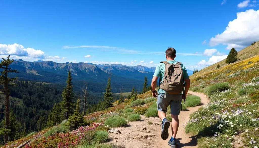 Hiker on mountain trail in Alpine County California