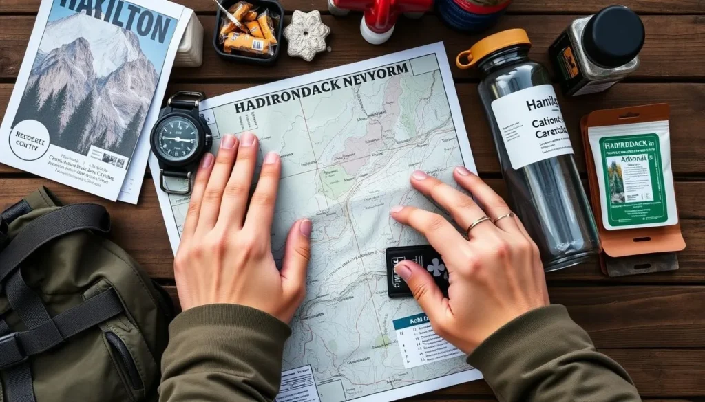 Hiker preparing backpack with map and supplies for Hamilton County New York things to do Hiker preparing backpack with map and supplies for Hamilton County New York things to do