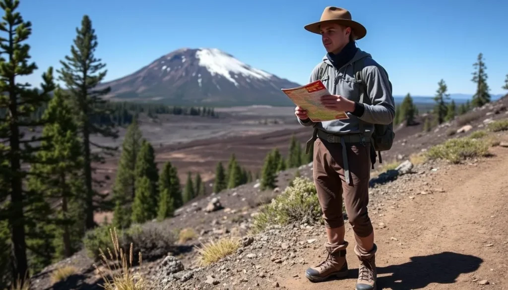 Hiker standing on a trail in Lassen Volcanic National Park with a backpack, wearing layers and hiking boots, looking at a map with mountains in the background Hiker standing on a trail in Lassen Volcanic National Park with a backpack, wearing layers and hiking boots, looking at a map with mountains in the background