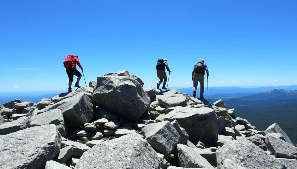 Hikers ascending the White Dot Trail on Mount Monadnock with rocky terrain and expansive views Hikers ascending the White Dot Trail on Mount Monadnock with rocky terrain and expansive views