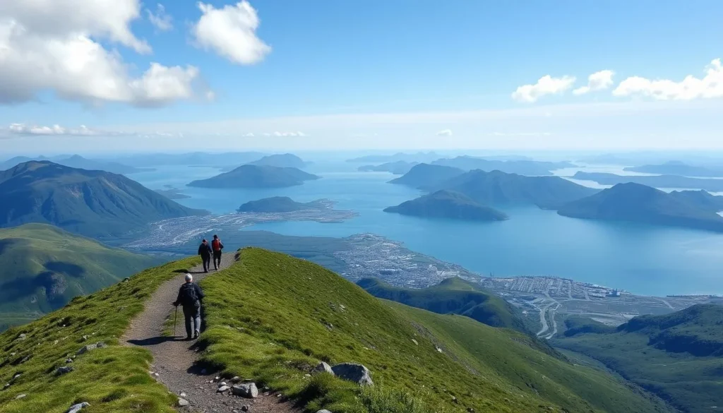 Hikers enjoying a clear summer day on Ballyhoo Mountain with views of Dutch Harbor