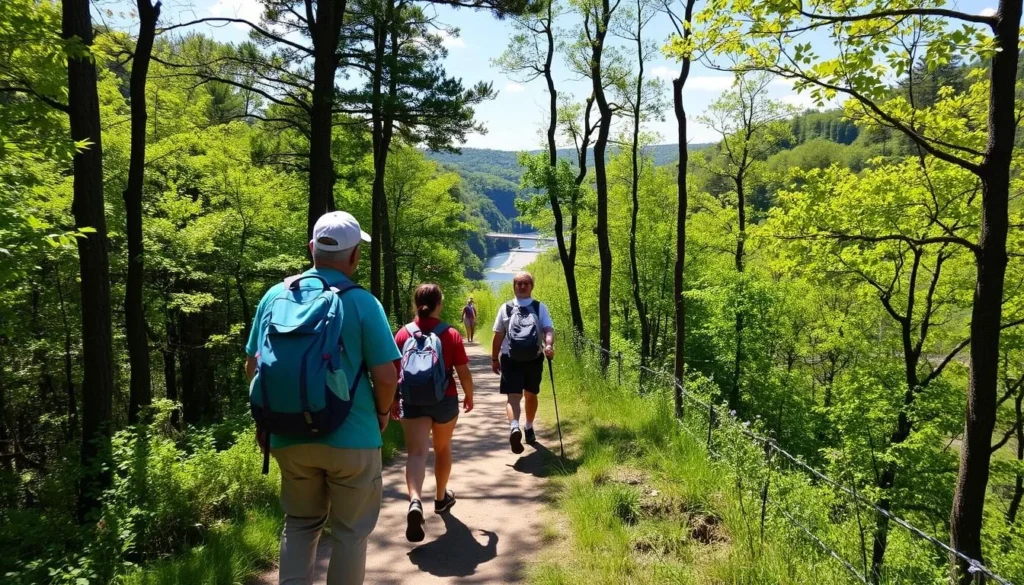 Hikers enjoying a trail at Letchworth State Park in Wyoming County, New York Hikers enjoying a trail at Letchworth State Park in Wyoming County, New York