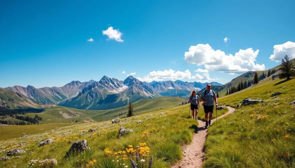 Hikers enjoying a trail in Sierra County with mountain views and alpine meadows Hikers enjoying a trail in Sierra County with mountain views and alpine meadows