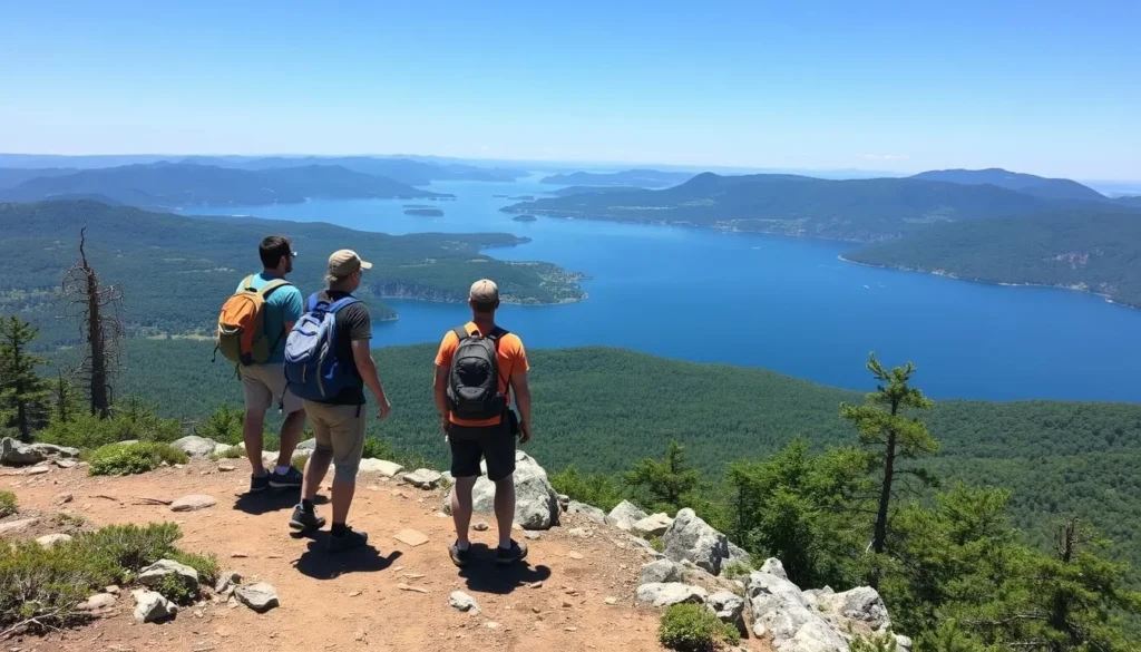 Hikers enjoying the view from Black Mountain overlooking Lake George in Washington County Hikers enjoying the view from Black Mountain overlooking Lake George in Washington County