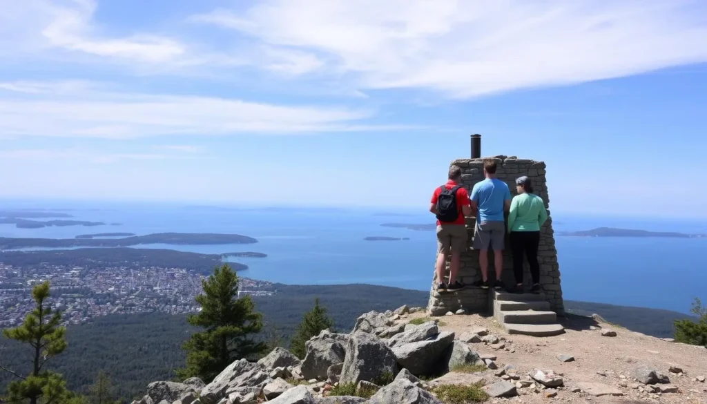 Hikers enjoying the view from Mount Battie summit overlooking Camden and Penobscot Bay Hikers enjoying the view from Mount Battie summit overlooking Camden and Penobscot Bay