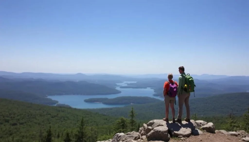 Hikers enjoying the view from Prospect Mountain summit overlooking Lake George in Warren County, NY Hikers enjoying the view from Prospect Mountain summit overlooking Lake George in Warren County, NY
