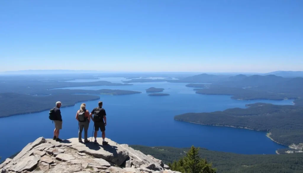Hikers enjoying the view of Lake Winnipesaukee from the summit of Mount Major Hikers enjoying the view of Lake Winnipesaukee from the summit of Mount Major