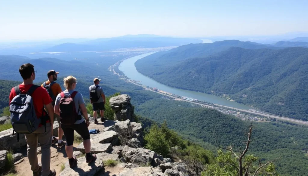 Hikers enjoying view from Breakneck Ridge trail overlooking Hudson River in Putnam County Hikers enjoying view from Breakneck Ridge trail overlooking Hudson River in Putnam County