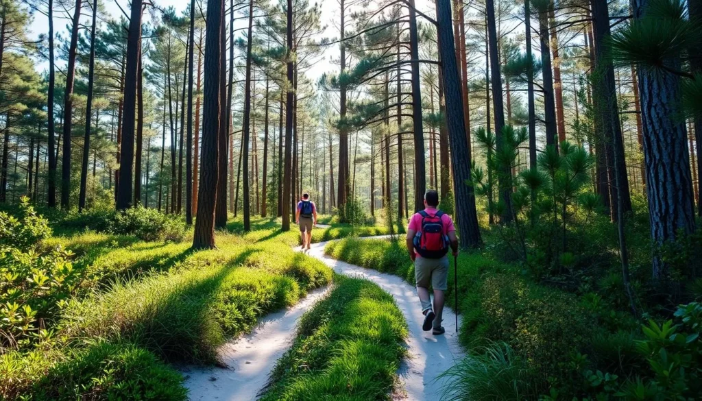 Hikers exploring a scenic trail through Point Island's maritime forest Hikers exploring a scenic trail through Point Island's maritime forest