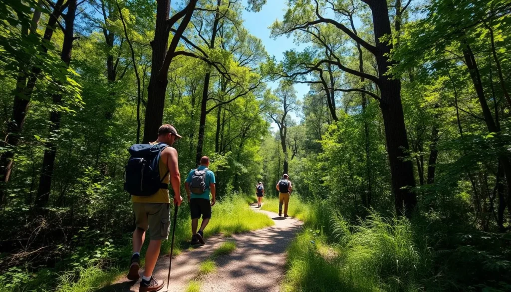 Hikers exploring one of the 700 miles of scenic trails in Leon County Florida Hikers exploring one of the 700 miles of scenic trails in Leon County Florida