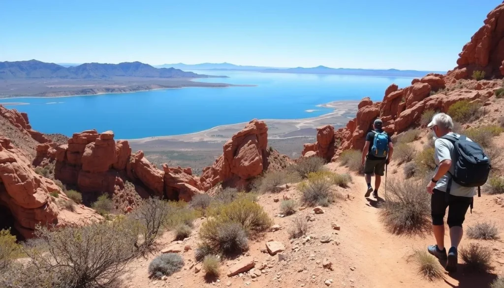 Hikers exploring the scenic desert trails at SARA Park with Lake Havasu visible in the background