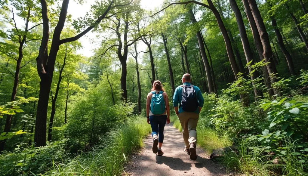 Hikers exploring trails in Allegany State Park with lush green forest surroundings Hikers exploring trails in Allegany State Park with lush green forest surroundings