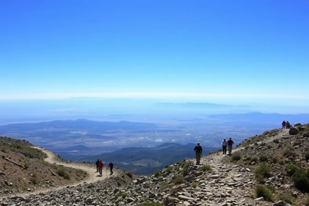 Hikers on Bishop Peak trail with San Luis Obispo County views Hikers on Bishop Peak trail with San Luis Obispo County views