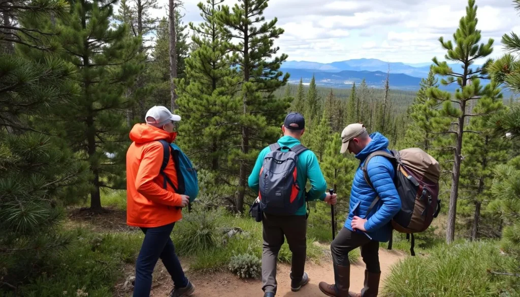 Hikers on Black Elk Peak trail in the Black Hills near Rapid City with proper gear for changing weather conditions Hikers on Black Elk Peak trail in the Black Hills near Rapid City with proper gear for changing weather conditions
