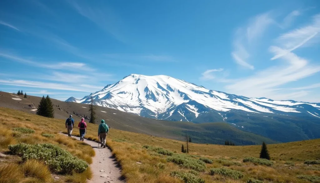 Hikers on Bunny Flat trail with views of Mount Shasta in Shasta County California best things to do Hikers on Bunny Flat trail with views of Mount Shasta in Shasta County California best things to do