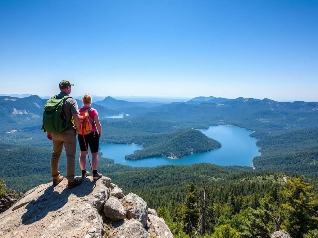 Hikers on Mount Pisgah trail overlooking Lake Willoughby, Vermont with panoramic views of the lake and surrounding mountains Hikers on Mount Pisgah trail overlooking Lake Willoughby, Vermont with panoramic views of the lake and surrounding mountains