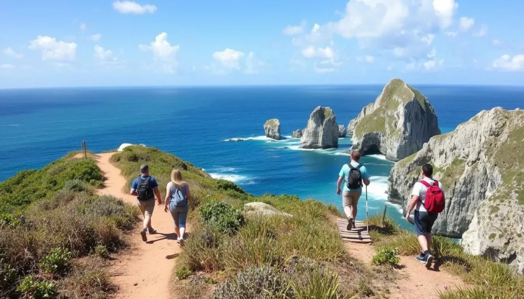 Hikers on a coastal trail at Indian Town National Park with ocean views and limestone formations Hikers on a coastal trail at Indian Town National Park with ocean views and limestone formations