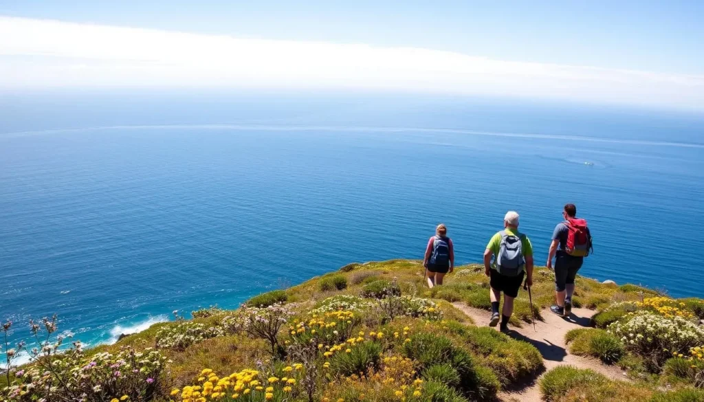 Hikers on a coastal trail in Garrapata State Park with ocean views