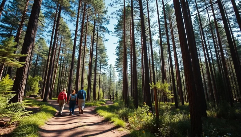 Hikers on a forest trail at Lake Itasca, Minnesota surrounded by old-growth pine trees Hikers on a forest trail at Lake Itasca, Minnesota surrounded by old-growth pine trees