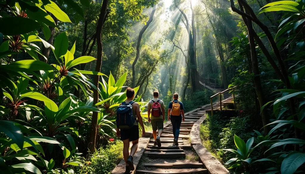 Hikers on a jungle trail in Tayrona National Park with sunlight filtering through the canopy Hikers on a jungle trail in Tayrona National Park with sunlight filtering through the canopy