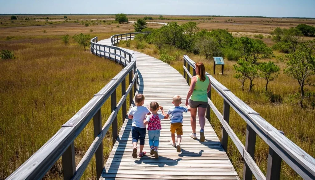 Hikers on a nature trail at Assateague Island, Delaware with marshland views Hikers on a nature trail at Assateague Island, Delaware with marshland views