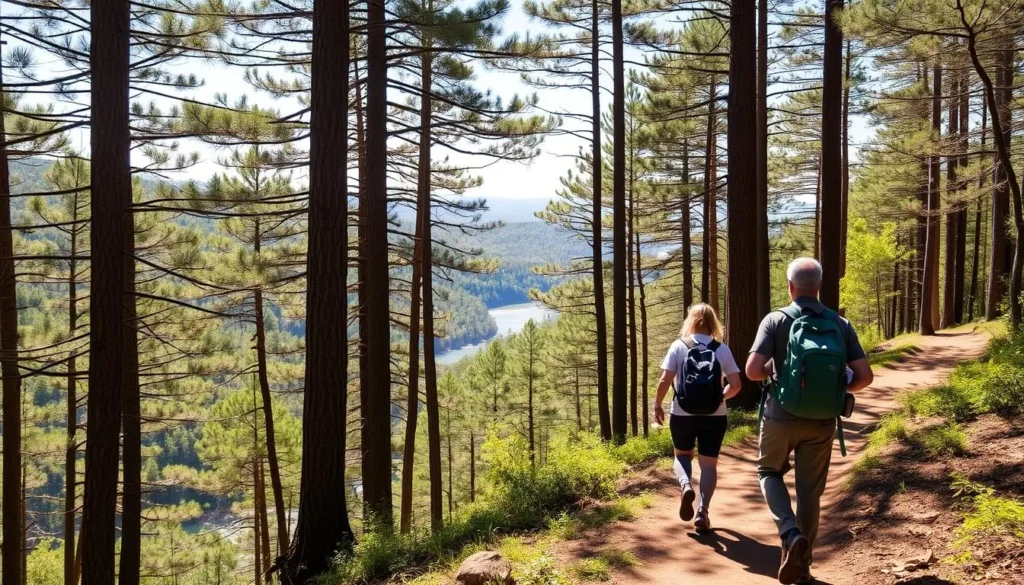 Hikers on a scenic trail at Beavers Bend State Park with forest views and Mountain Fork River visible below Hikers on a scenic trail at Beavers Bend State Park with forest views and Mountain Fork River visible below