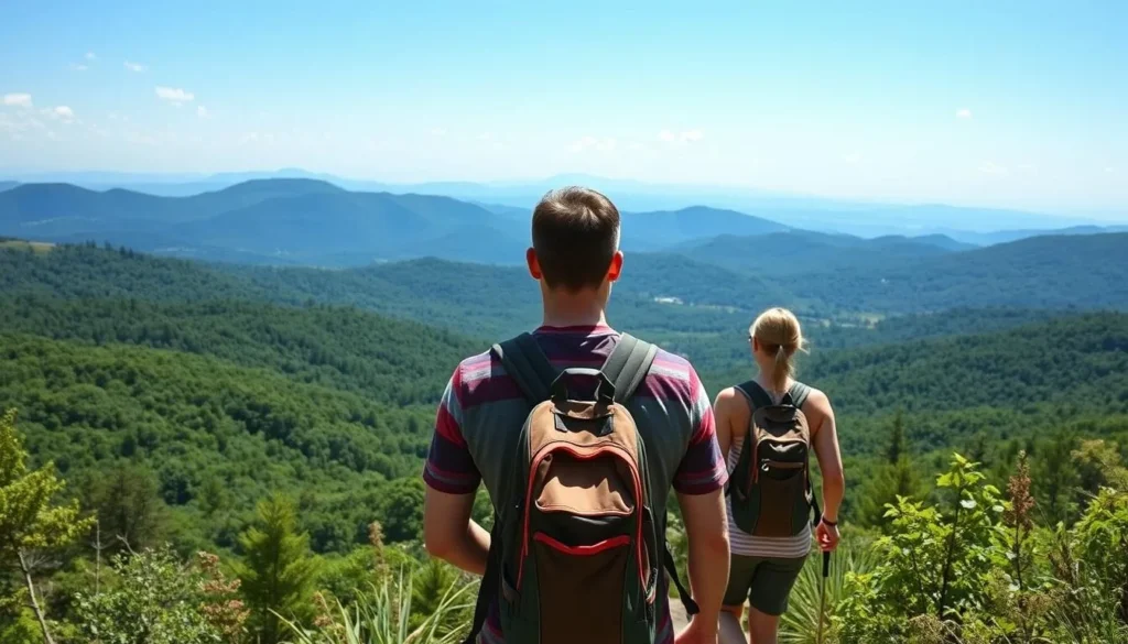 Hikers on a scenic trail in Greene County with mountain views Hikers on a scenic trail in Greene County with mountain views