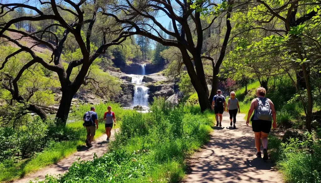 Hikers on a scenic trail in Hidden Falls Regional Park in Placer County with waterfall views Hikers on a scenic trail in Hidden Falls Regional Park in Placer County with waterfall views