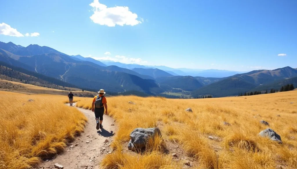 Hikers on a scenic trail in Mariposa County with mountain views Hikers on a scenic trail in Mariposa County with mountain views