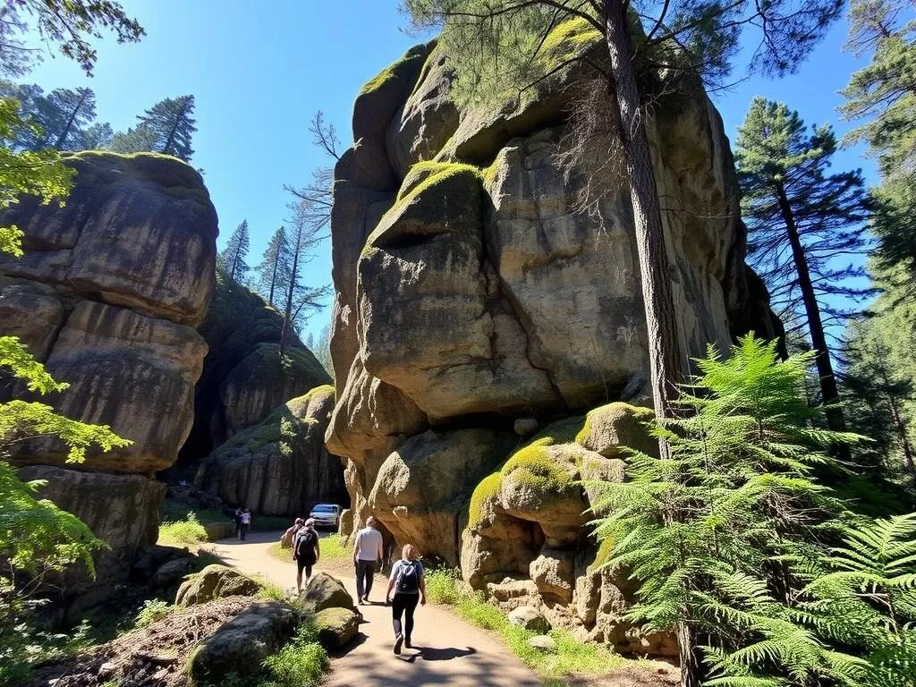 Hikers on a scenic trail in Panama Rocks Scenic Park surrounded by ancient rock formations Hikers on a scenic trail in Panama Rocks Scenic Park surrounded by ancient rock formations