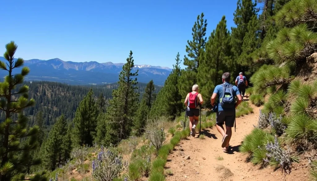Hikers on a scenic trail in San Bernardino National Forest - outdoor San Bernardino County things to do Hikers on a scenic trail in San Bernardino National Forest - outdoor San Bernardino County things to do