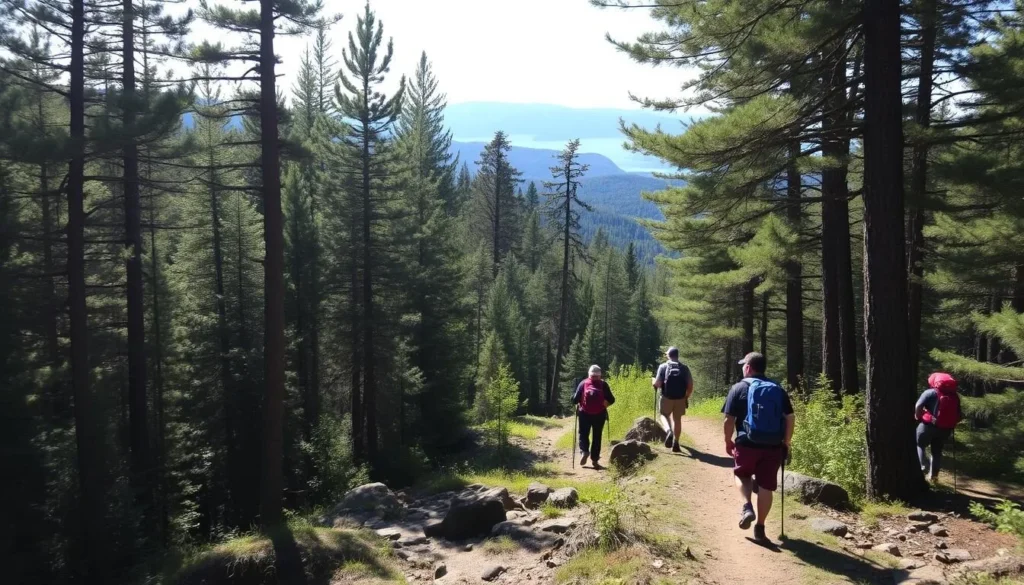 Hikers on a scenic trail in the Adirondack portion of Fulton County, New York Hikers on a scenic trail in the Adirondack portion of Fulton County, New York
