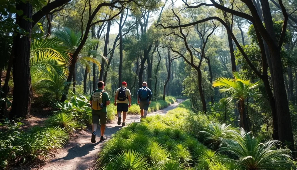 Hikers on a trail at Spruce Bluff Preserve with tropical forest surroundings Hikers on a trail at Spruce Bluff Preserve with tropical forest surroundings