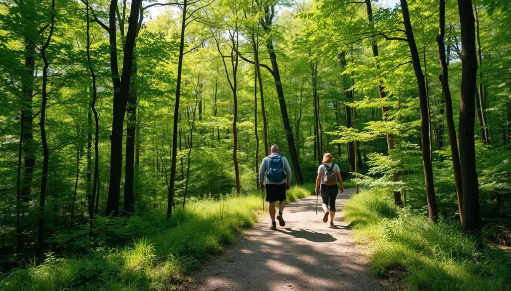 Hikers on a trail in Cuyahoga Valley National Park with forest canopy