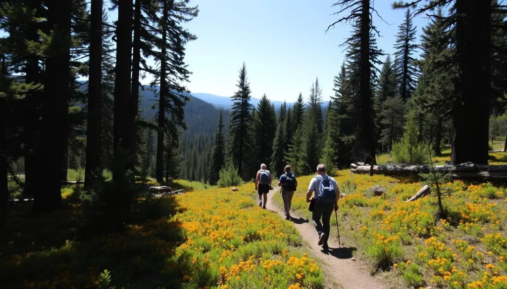 Hikers on a trail in Lincoln National Forest surrounded by tall trees and lush undergrowth