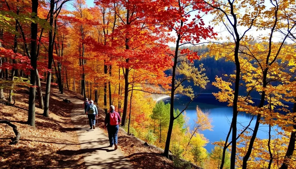 Hikers on a trail in Mendon Ponds Park with fall foliage surrounding the Devil's Bathtub meromictic lake Hikers on a trail in Mendon Ponds Park with fall foliage surrounding the Devil's Bathtub meromictic lake
