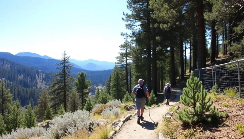 Hikers on a trail in Modoc National Forest with mountain views Hikers on a trail in Modoc National Forest with mountain views