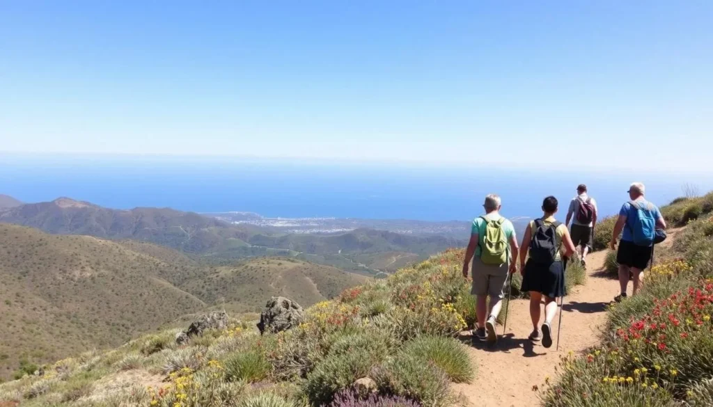Hikers on a trail in the Santa Ynez Mountains with ocean views Hikers on a trail in the Santa Ynez Mountains with ocean views