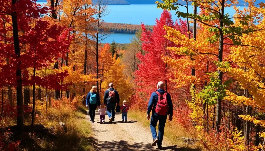 Hikers on a trail near Gull Lake surrounded by autumn foliage Hikers on a trail near Gull Lake surrounded by autumn foliage