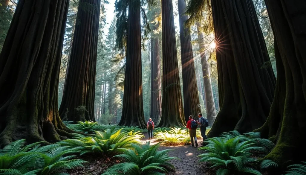 Hikers on a trail through ancient redwoods in Humboldt Redwoods State Park Hikers on a trail through ancient redwoods in Humboldt Redwoods State Park