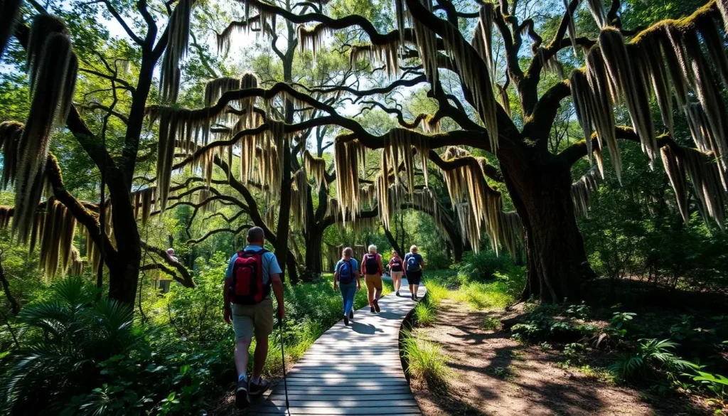 Hikers on a trail through lush forest in Tomoka State Park in Volusia County, Florida Hikers on a trail through lush forest in Tomoka State Park in Volusia County, Florida