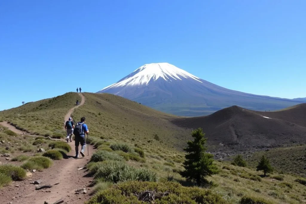 Hikers on a trail with views of Osorno Volcano in Vicente Pérez Rosales National Park, Chile Hikers on a trail with views of Osorno Volcano in Vicente Pérez Rosales National Park, Chile
