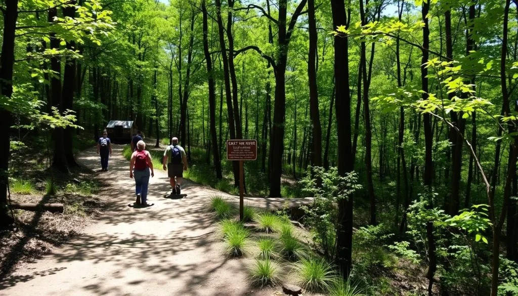 Hikers on a woodland trail at Barren River Lake State Resort Park Hikers on a woodland trail at Barren River Lake State Resort Park