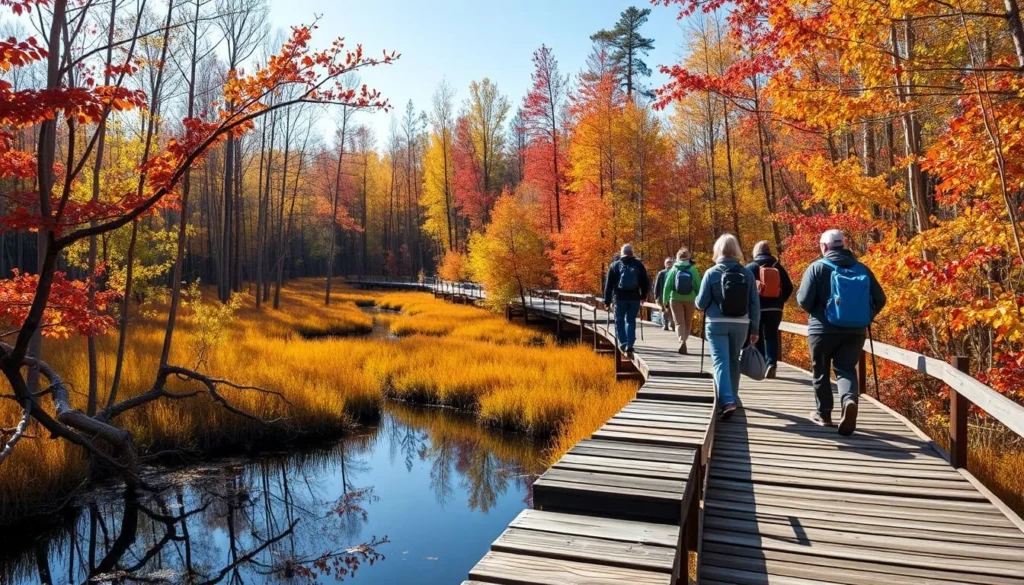 Hikers on the Bog Walk boardwalk surrounded by vibrant fall foliage at Bemidji State Park Hikers on the Bog Walk boardwalk surrounded by vibrant fall foliage at Bemidji State Park