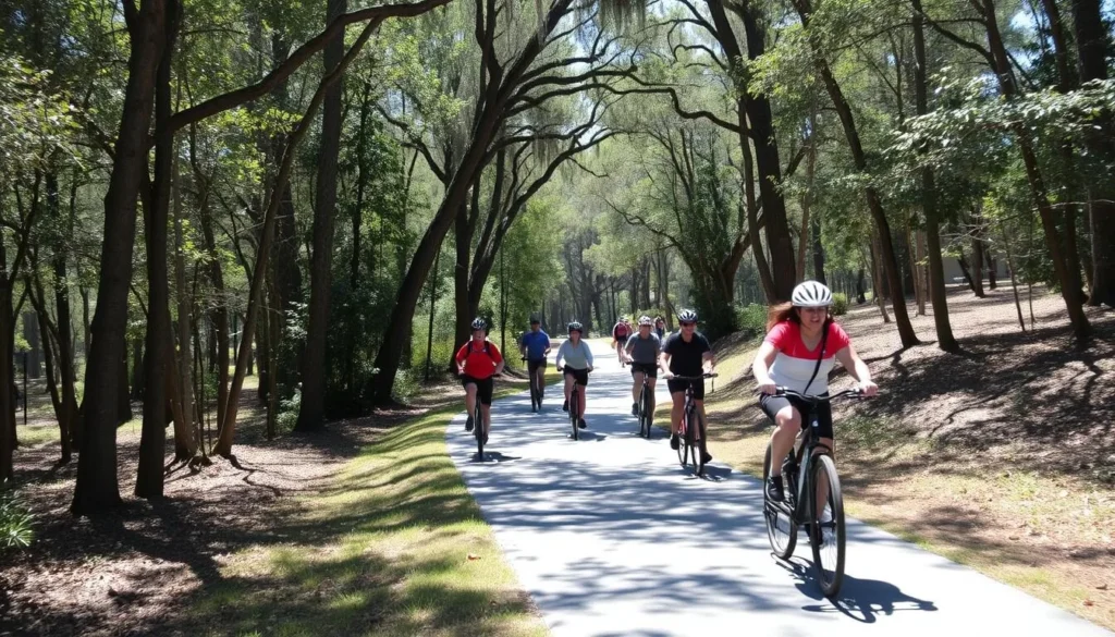Hikers on the Cross Seminole Trail passing through natural and urban landscapes Hikers on the Cross Seminole Trail passing through natural and urban landscapes
